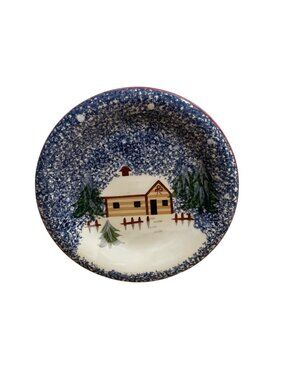 Holly Mountain Lodge Chirstmas Dinner Luncheon Plate Blue Speckled Cooks Bazaar
